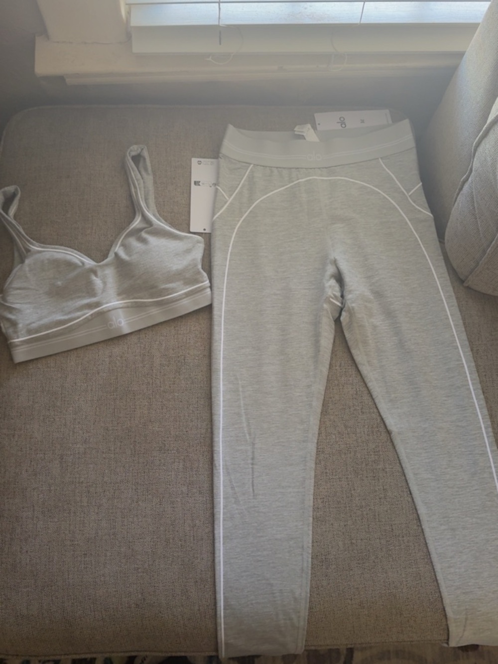 ALO Yoga Light Gray Seamless Sports Bra and Leggings Set